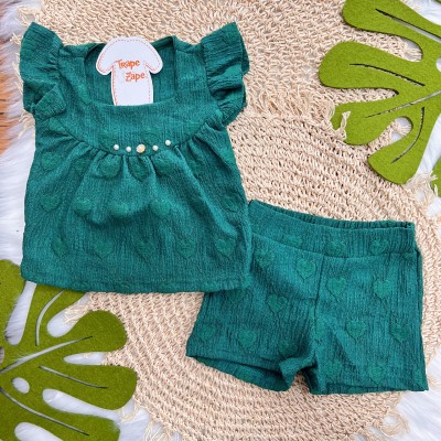 Conj. Blusa com Pérolas e Short Anarruga Corações - Verde 